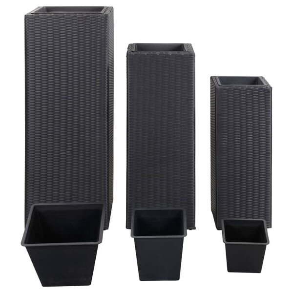 vidaXL augstās puķu kastes, 3 gab., PE rotangpalma, melnas