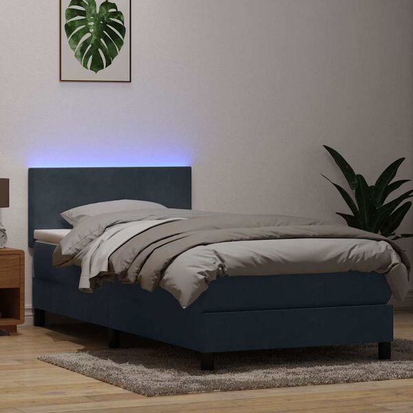 vidaXL atsperu gulta ar matraci, LED, tum&scaron;i pelēka samts, 100x210 cm