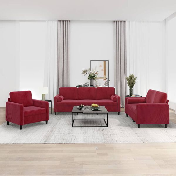 vidaXL divdaļīgs dīvānu komplekts ar spilveniem, vīnsarkana samts