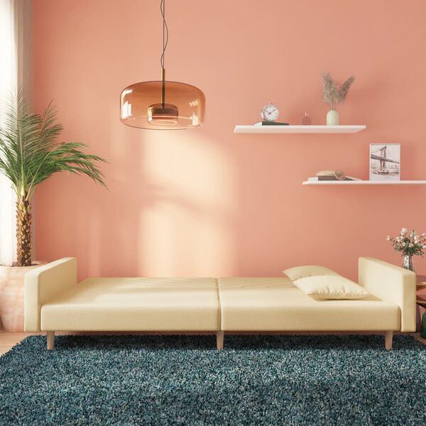 vidaXL 2-vietīga dīvāngulta ar diviem spilveniem, krēmkrāsas audums