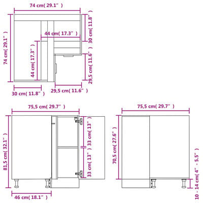 vidaXL virtuves stūra skapītis, betona pelēks, 75,5x75,5x81,5 cm