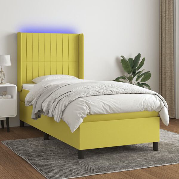 vidaXL atsperu gulta ar matraci, LED, zaļ&scaron; audums, 100x200 cm