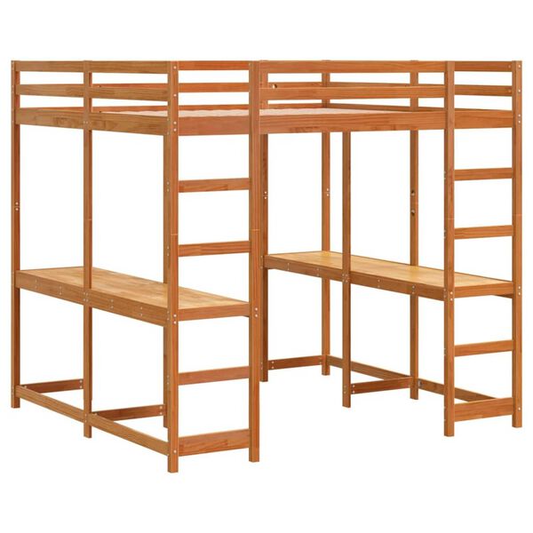 vidaXL augstā gulta, rakstāmgalds, kāpnes, vaska brūnas, 160x200 cm