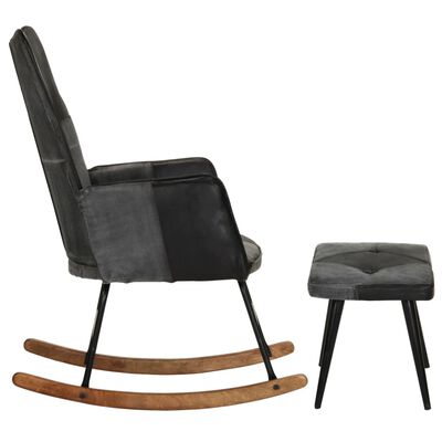 vidaXL šūpuļkrēsls ar kājsoliņu, melna dabīgā āda un audums