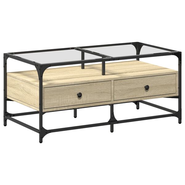 vidaXL kafijas galdiņš ar stikla virsmu ozola 98,5x50x45 cm tērauds