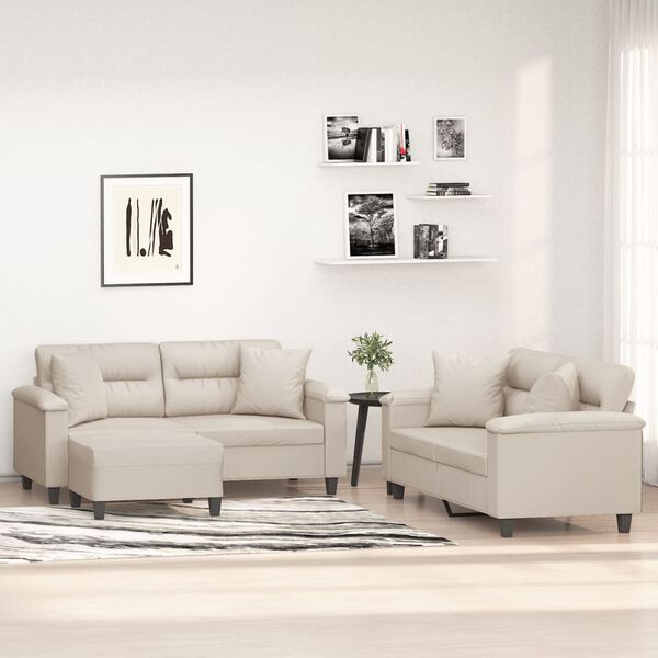 vidaXL trīsdaļīgs dīvānu komplekts ar spilveniem, krēm audums