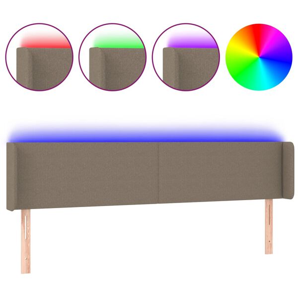 vidaXL gultas galvgalis ar LED, 203x16x78/88 cm, pelēkbrūns audums
