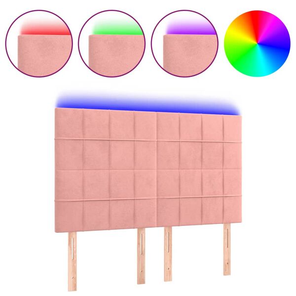 vidaXL gultas galvgalis ar LED, 144x5x118/128 cm, rozā samts