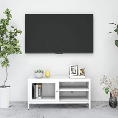 vidaXL TV skapītis, balts, 90x30x44 cm, tērauds un stikls