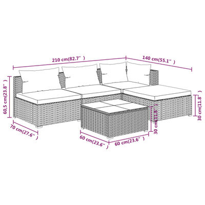 vidaXL 5-daļīgs dārza mēbeļu komplekts, matrači, PE rotangpalma, melns