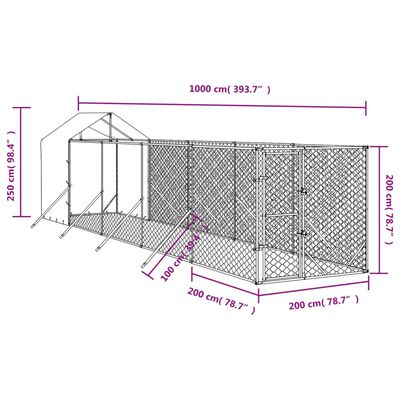 vidaXL suņu voljērs ar jumtu, 2x10x2,5m, cinkots tērauds,sudraba krāsā