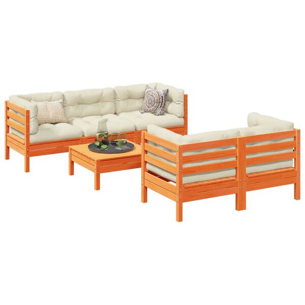 vidaXL 6-daļīgs dārza dīvānu komplekts, matrači, brūns priedes koks