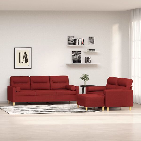 vidaXL trīsdaļīgs dīvānu komplekts ar spilveniem, vīnsarkana audums