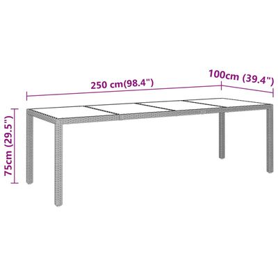 vidaXL dārza galds, 250x100x75cm, rūdīts stikls, pelēka PE rotangpalma