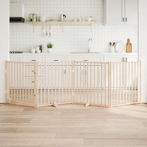 vidaXL suņu vārti ar salokāmām durvīm, 4 paneļi, 320 cm, masīvkoks, egle