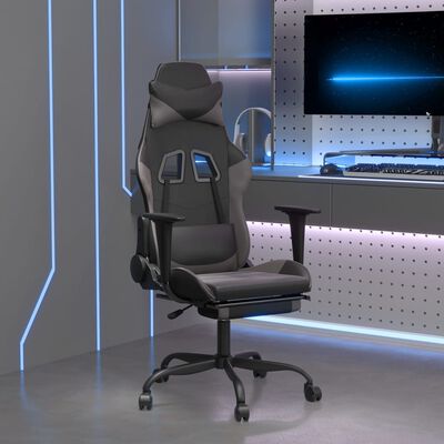 vidaXL datorkrēsls ar kāju balstu, melna, pelēka mākslīgā āda