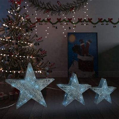 vidaXL Ziemassvētku dekorācija, 3 zvaigznes, sudraba krāsas siets, LED