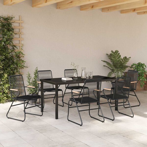 vidaXL Dārza ēdamgalds 7 pcs Melna PVC rattan