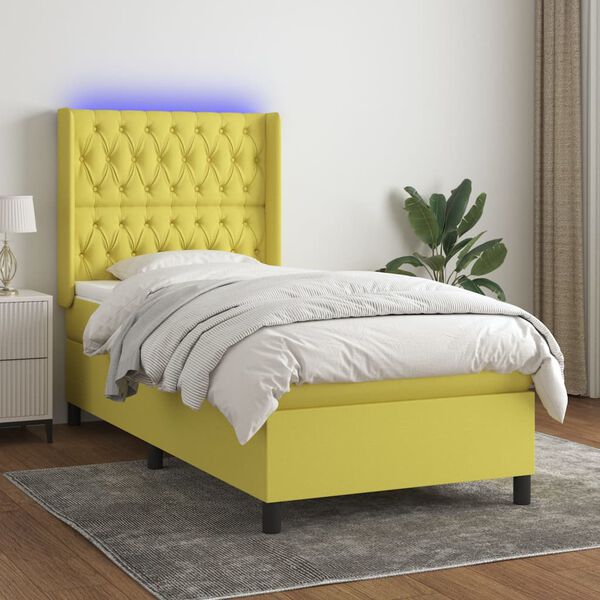 vidaXL atsperu gulta ar matraci, LED, zaļ&scaron; audums, 90x190 cm