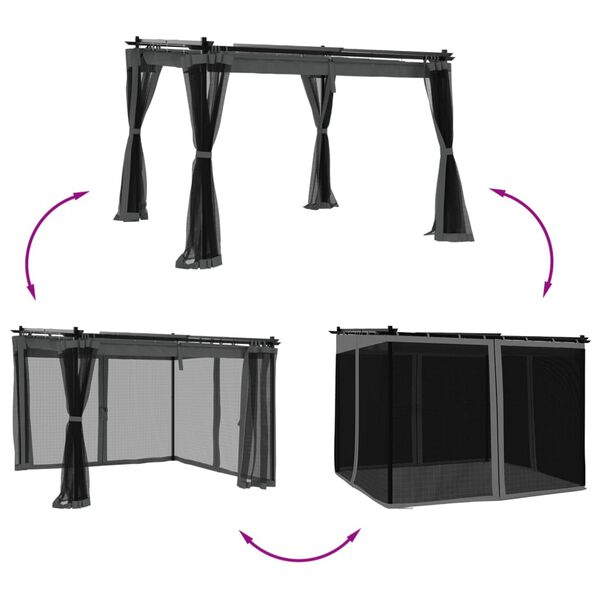 vidaXL dārza nojume ar tīkla sienām, 3x3 m, tērauds, antracītpelēka