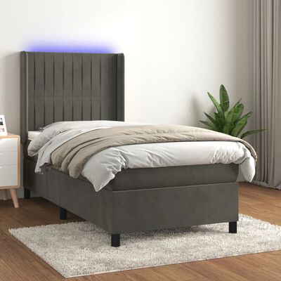 vidaXL atsperu gulta ar matraci, LED, tumši pelēks samts, 90x200 cm