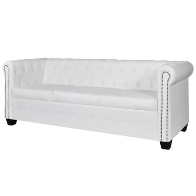 vidaXL Chesterfield dīvāns, trīsvietīgs, balta mākslīgā āda