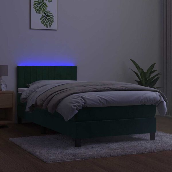 vidaXL atsperu gulta ar matraci, LED, tum&scaron;i zaļ&scaron; samts, 90x190 cm