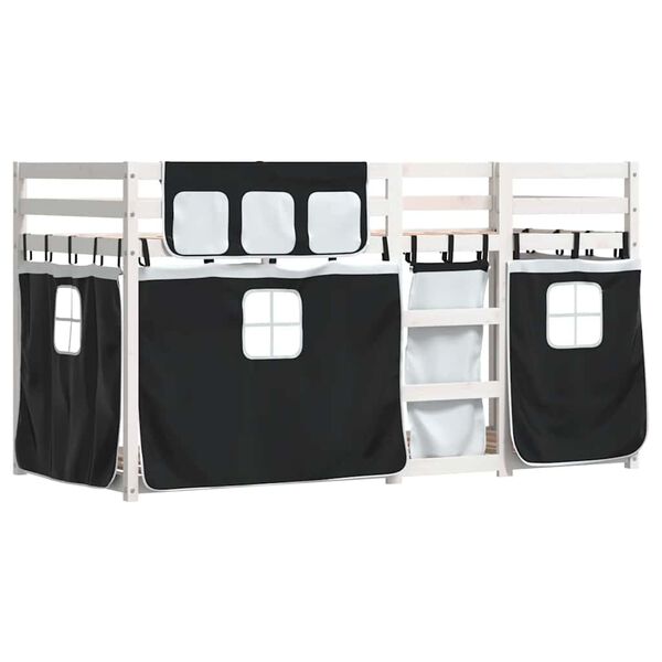 vidaXL gulta ar aizkariem, melnbalta, 75x190 cm, priedes masīvkoks