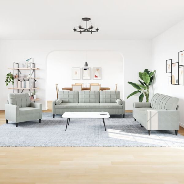 vidaXL trīsdaļīgs dīvānu komplekts ar spilveniem, gai&scaron;i pelēks samts