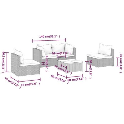 vidaXL 5-daļīgs dārza mēbeļu komplekts, matrači, PE rotangpalma