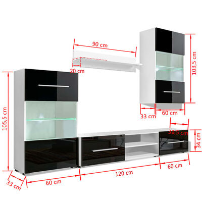 vidaXL TV sekcija, sienas plaukti, 5 gab., ar LED gaismām, melni