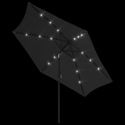 vidaXL dārza saulessargs ar LED gasmiņām un tērauda kātu, 300cm, melns