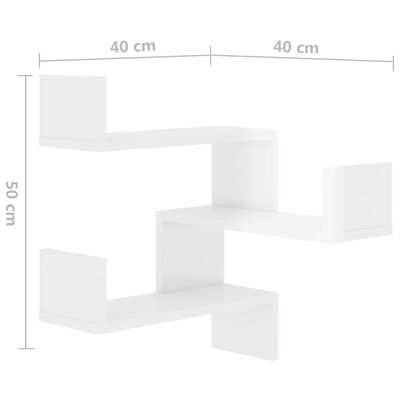 vidaXL sienas stūra plaukti, 2 gab., spīdīgi balti, 40x40x50 cm