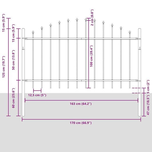 vidaXL dārza žogs Woerden ar &scaron;ķēpu galiem, tērauds, 170x100 cm, melns