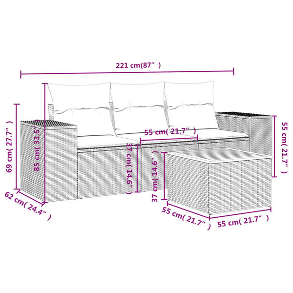 vidaXL 4-daļīgs dārza dīvāna komplekts ar matračiem, pelēks PE pinums