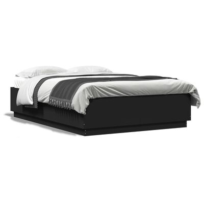 vidaXL gultas rāmis ar LED, melns, 150x200 cm, inženierijas koks
