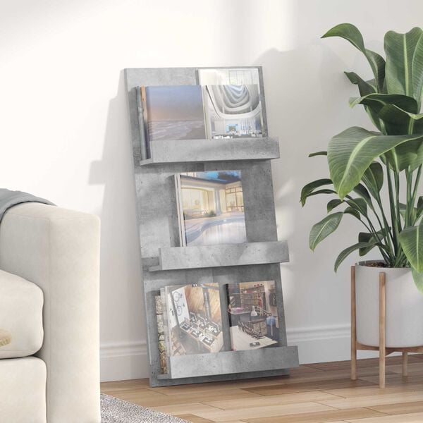 vidaXL Žurnālu statīvs ar plauktu Betona pelēks 51 x 11 x 102 cm
