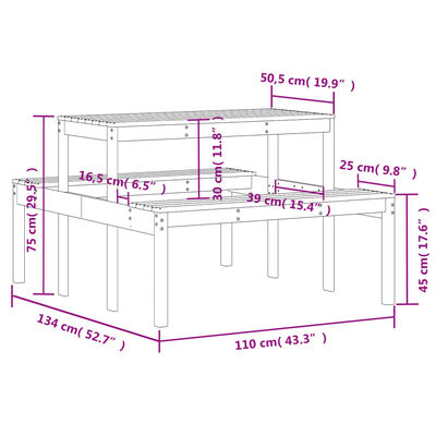 vidaXL piknika galds, 110x134x75 cm, priedes masīvkoks
