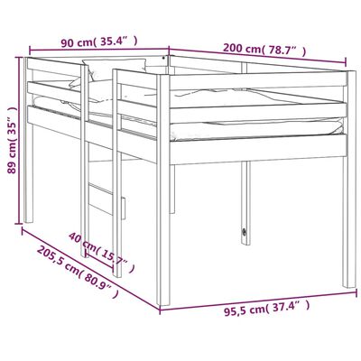 vidaXL augstā gulta, 90x200 cm, priedes masīvkoks