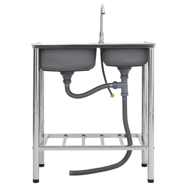 vidaXL kempinga izlietne ar 2 bļodām un krānu, nerūsējo&scaron;s tērauds