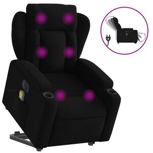 vidaXL elektrisks masāžas krēsls, paceļams, atgāžams, melns audums