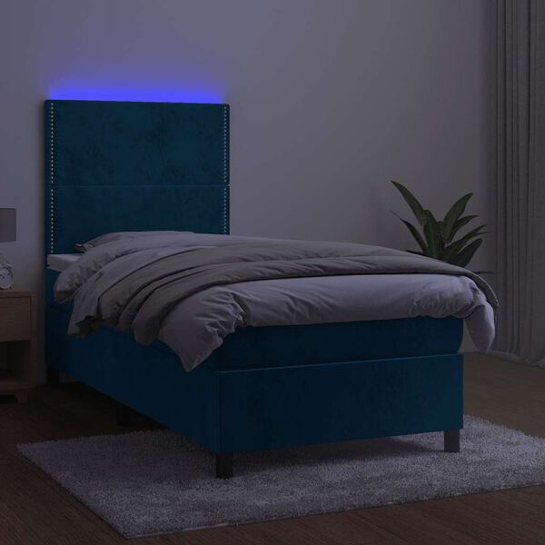 vidaXL atsperu gulta ar matraci, LED, tum&scaron;i zils samts, 90x190 cm