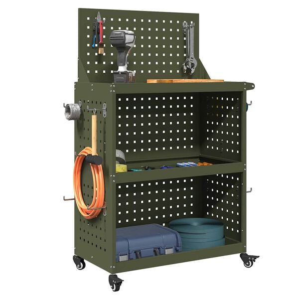 vidaXL Instrumentu ratiņi ar plauktu Olīvu zaļa 65 x 35 x 111 cm