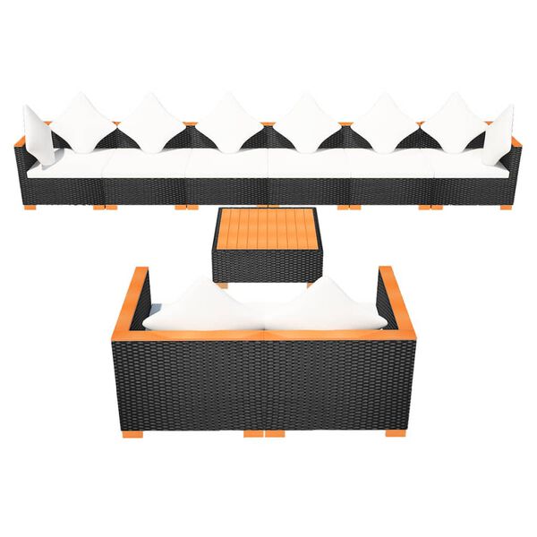 vidaXL 9-daļīgs dārza atpūtas mēbeļu komplekts ar matračiem, PE, melns