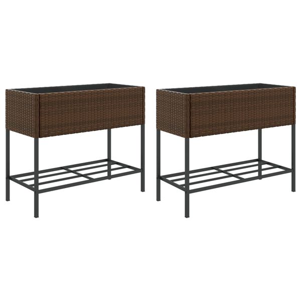 vidaXL dārza puķu kastes ar plauktu, 2 gab., brūna PE rotangpalma