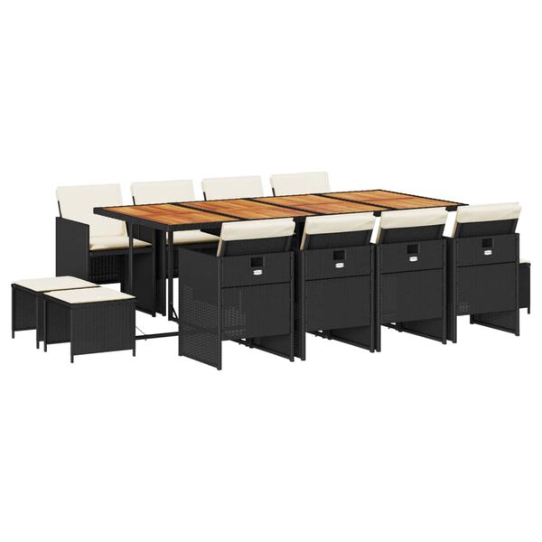 vidaXL 13-daļīgs dārza mēbeļu komplekts ar matračiem, melns PE