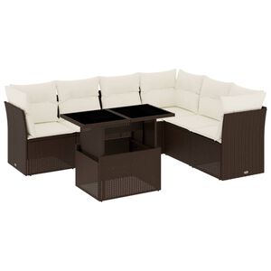 vidaXL 7-daļīgs dārza dīvānu komplekts, matrači, brūna PE rotangpalma
