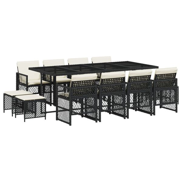 vidaXL 13-daļīgs dārza mēbeļu komplekts ar matračiem, melns PE