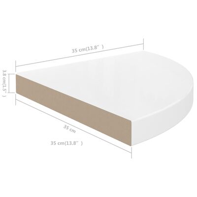 vidaXL stūra sienas plaukti, 2 gab., spīdīgi balti, 35x35x3,8 cm, MDF