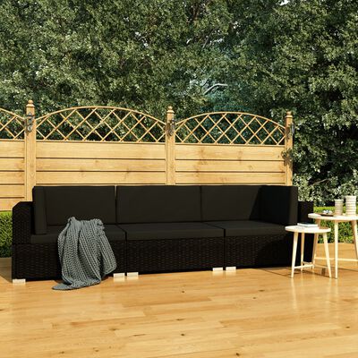 vidaXL 3-daļīgs dārza dīvāna komplekts ar matračiem, melns PE pinums